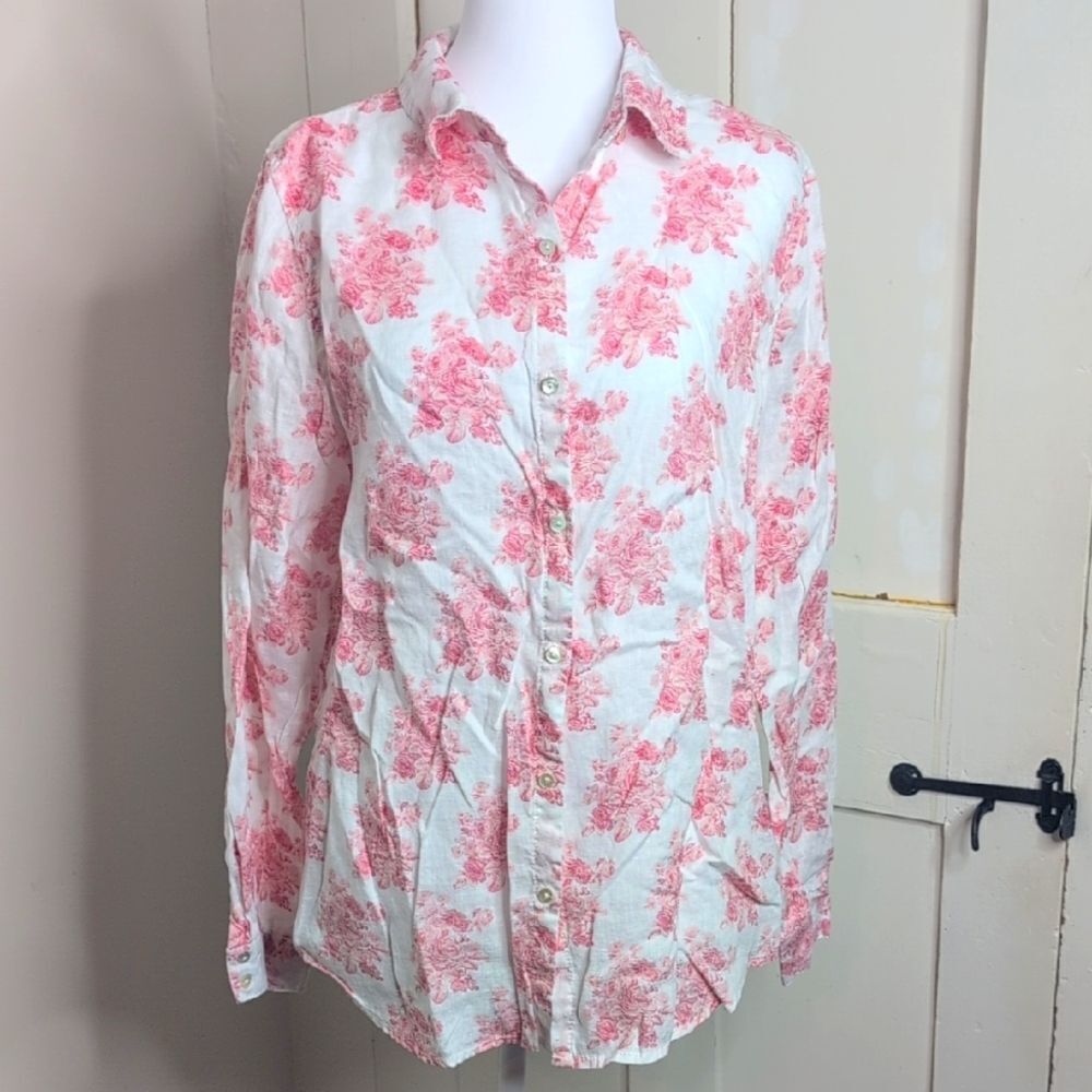 Shabby Chic Large Pink Floral 100% Linen Long Sleeve Button Down Blouse